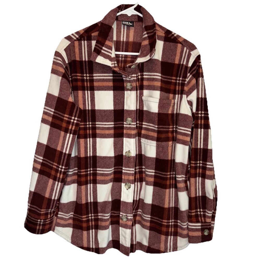 Eddie Bauer Women Sz Med Micro Flannel Shirt Red Plaid Outdoor‎ Casual LS